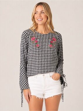 Hippie Laundry Gingham Embroidered Long-Sleeve Top